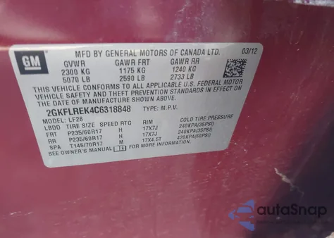 2012 GMC Terrain Sle-1 из США, поврежденный, VIN 2GKFLREK4C6318848